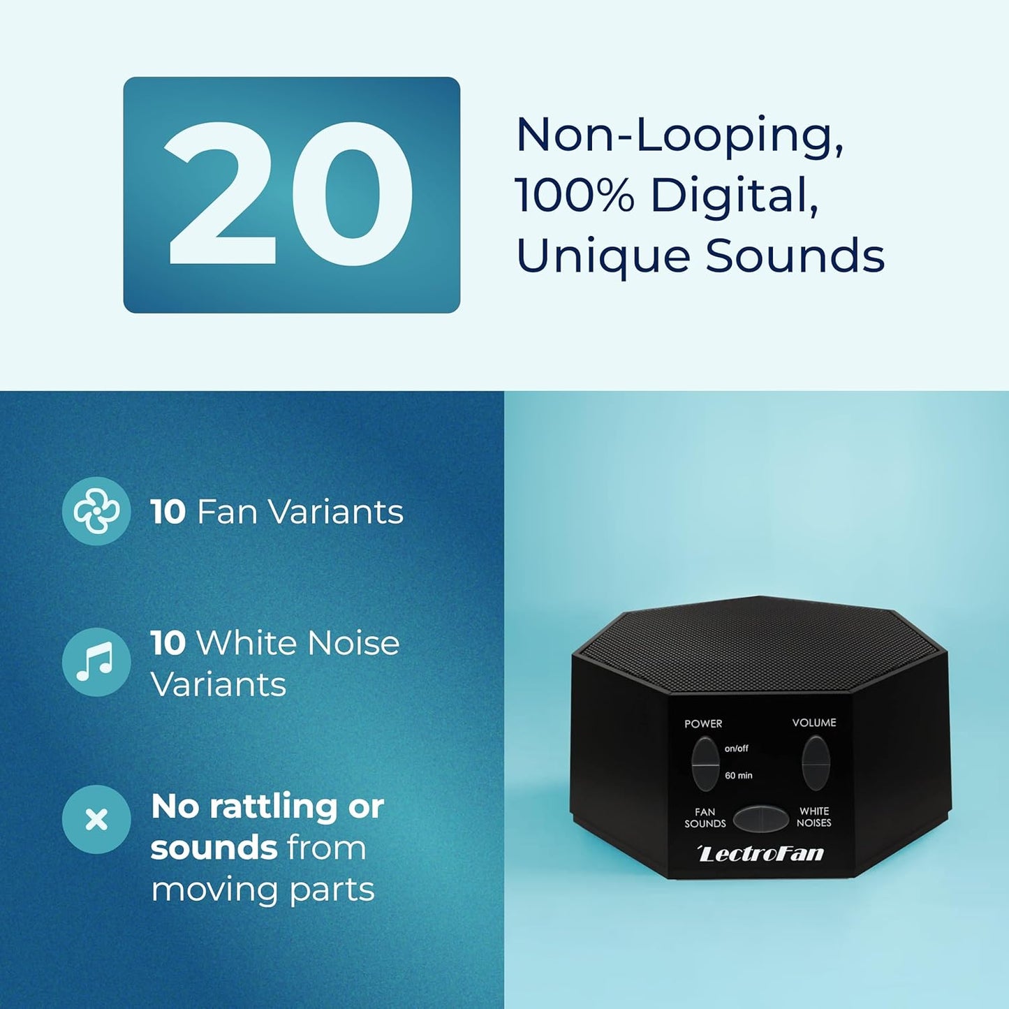 LectroFan Classic White Noise and Fan Sound Sleep Machine 20 Non-looping digital unique sounds, 10 fan, 10 white noise