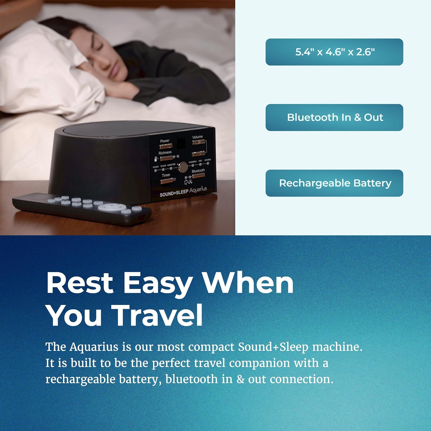 Sound+Sleep Aquarius Rechargeable Bluetooth Aquatic Sound Machine travel friendly size