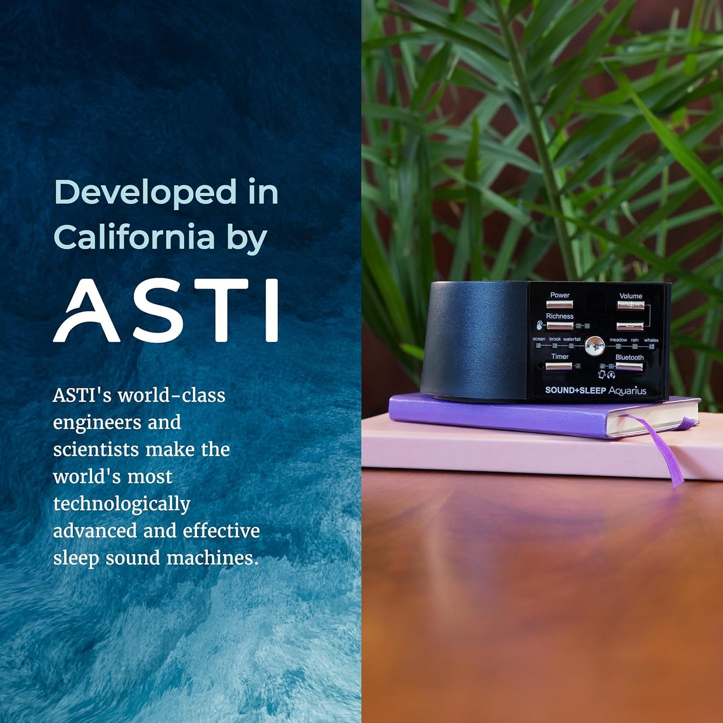Sound+Sleep Aquarius Rechargeable Bluetooth Aquatic Sound Machine developed in California by ASTI