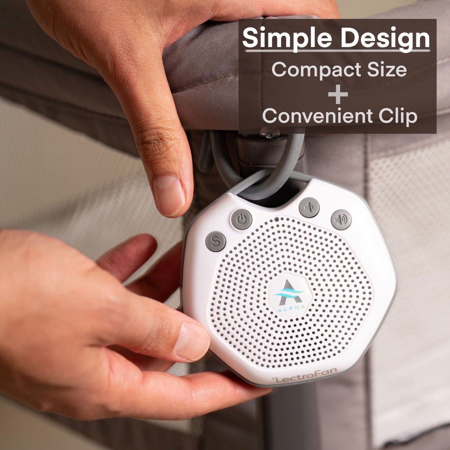 LectroFan Alpha Clipped to Crib, Simple Design: Compact Size + Convenient Clip