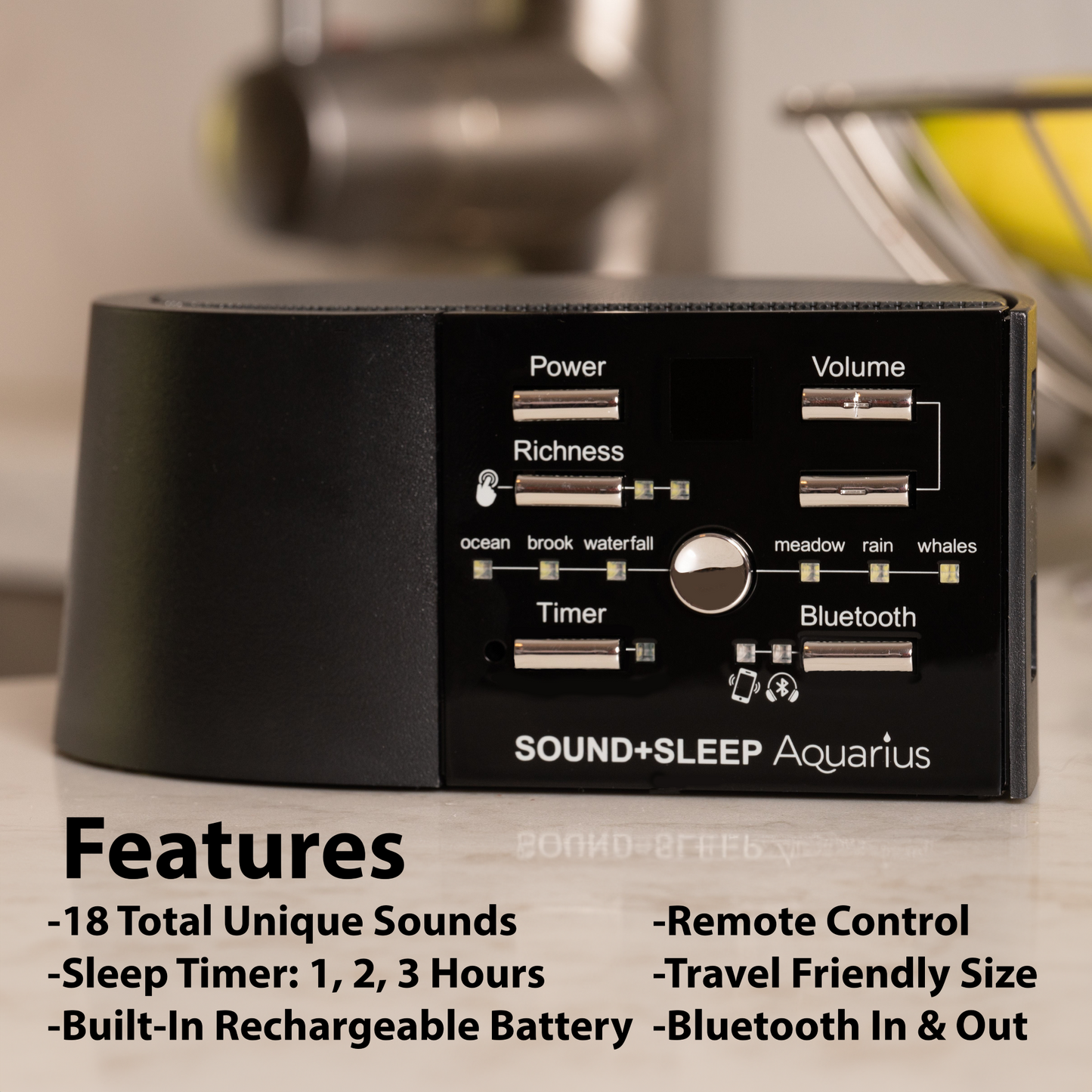 Sound+Sleep Aquarius Bluetooth Speaker and Water Sound Machine on Kitchen Table