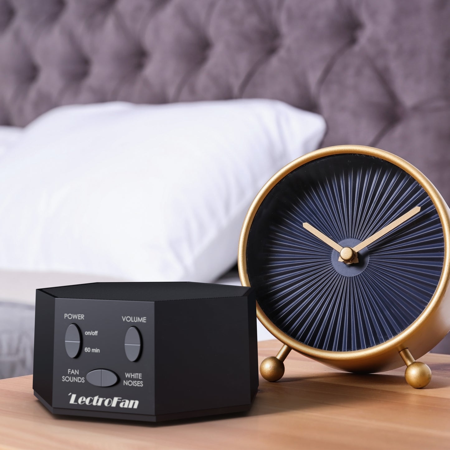 LectroFan on Bedside Table next to Clock