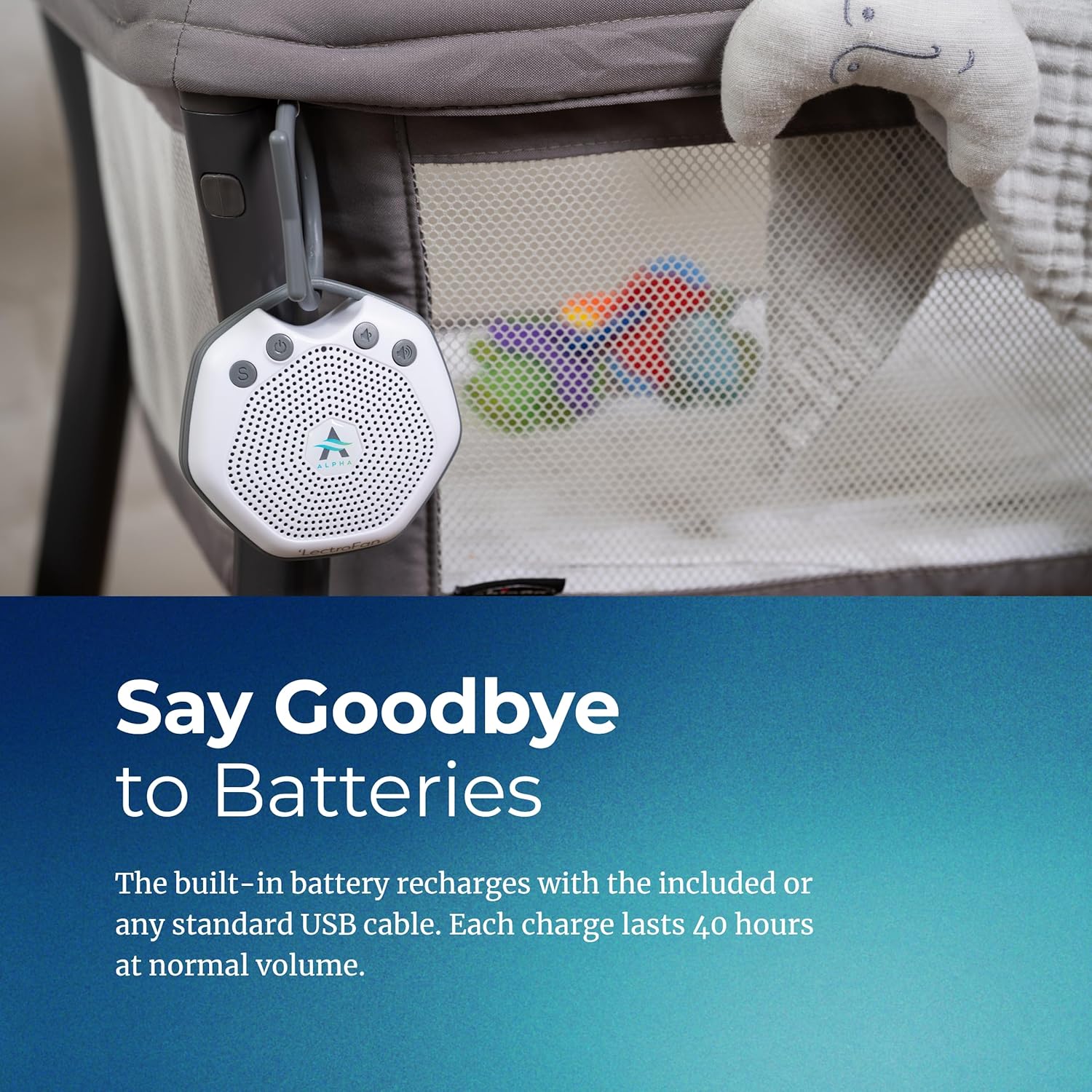 LectroFan Alpha Portable Baby Sound Sleep Machine Clipped on Crib with USB C Rechargeable Battery 